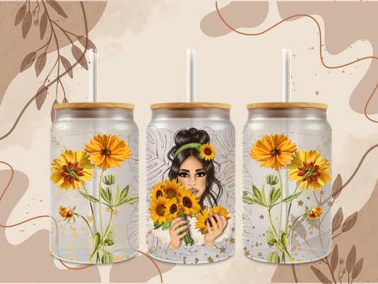 Sunflower Girl Glass Can